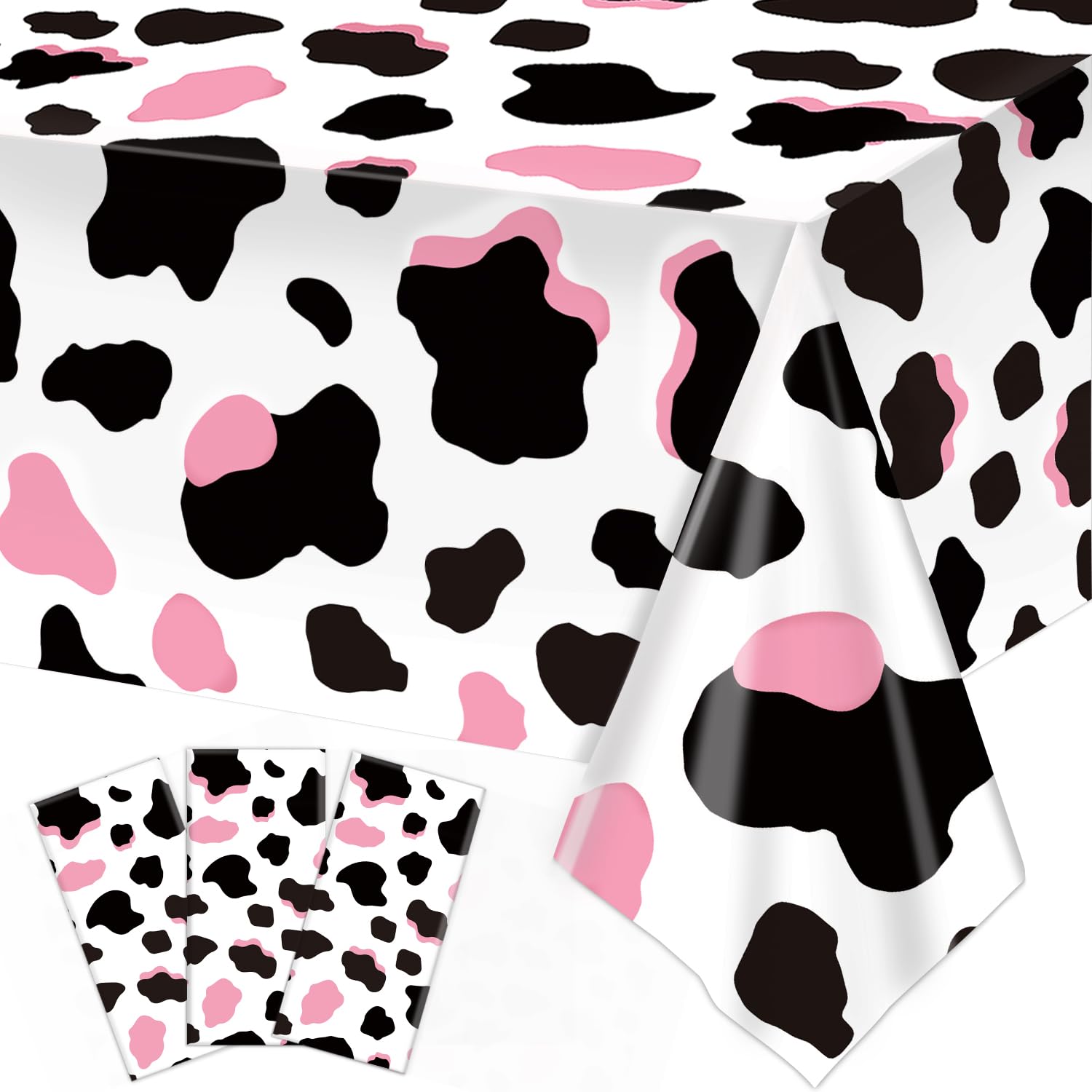 LINHAXM pink cow print tablecloth wide shot for festive party setup and easy cleanup