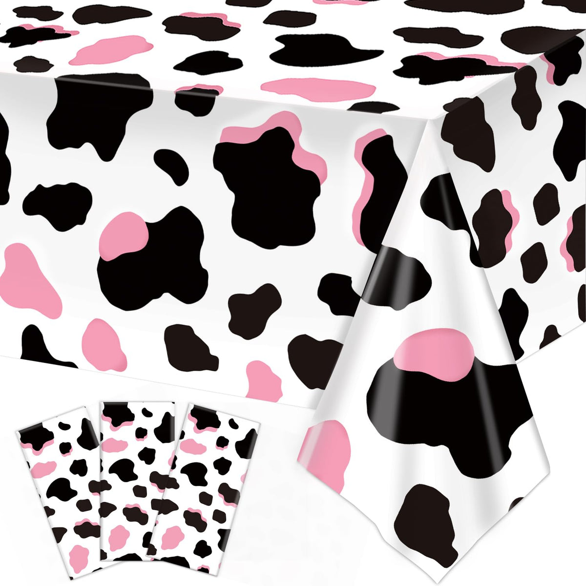 LINHAXM pink cow print tablecloth wide shot for festive party setup and easy cleanup