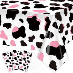 LINHAXM pink cow print tablecloth wide shot for festive party setup and easy cleanup