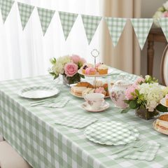 LINHAXM sage green gingham party setup brings cohesive look to table.
