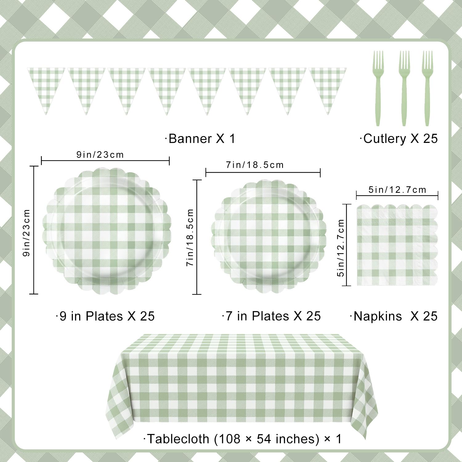 LINHAXM sage green gingham plates 7inch ideal for desserts and easy cleanup.