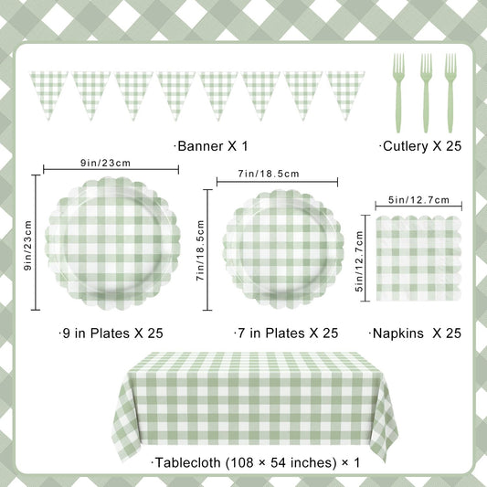 LINHAXM sage green gingham plates 7inch ideal for desserts and easy cleanup.