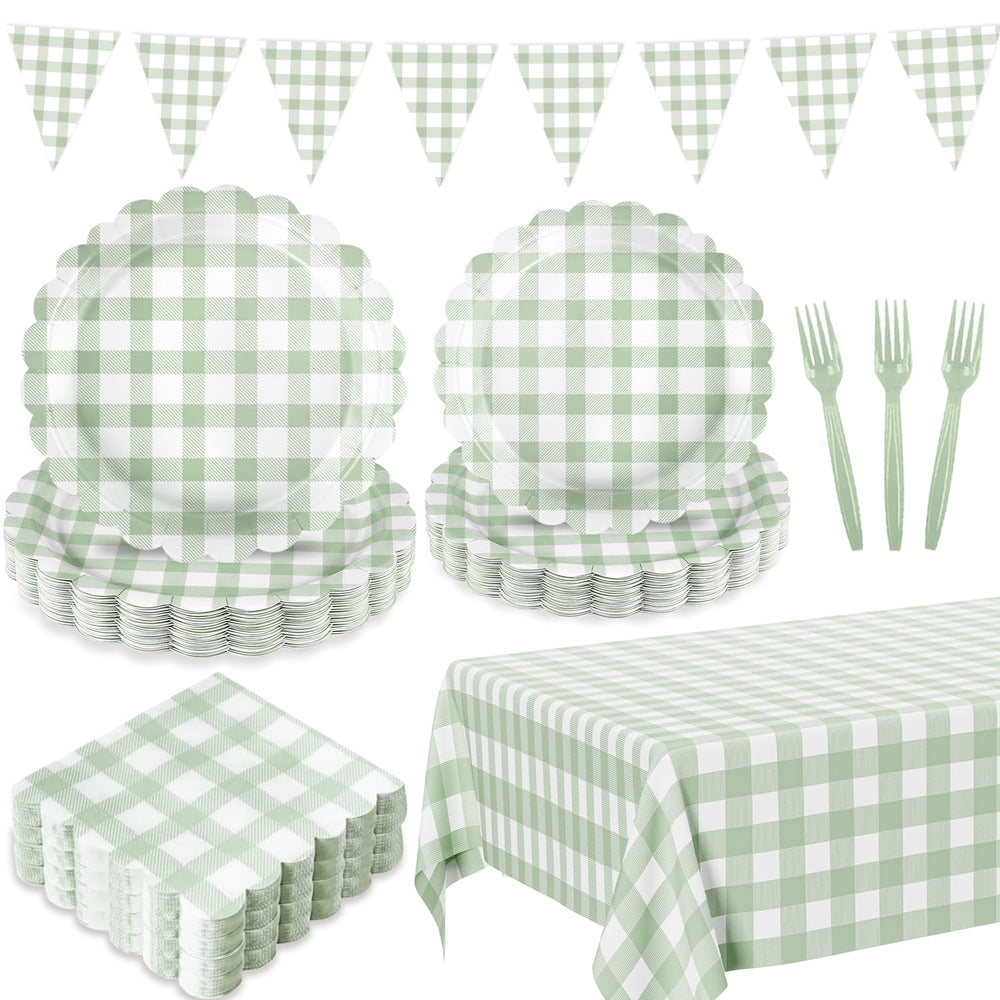 LINHAXM sage green gingham plates 9inch for elegant dining and quick cleanup.