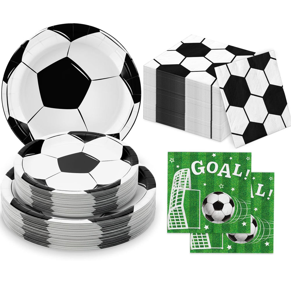 LINHAXM soccer plates 9-inch on vibrant green field design, ideal for easy party setup