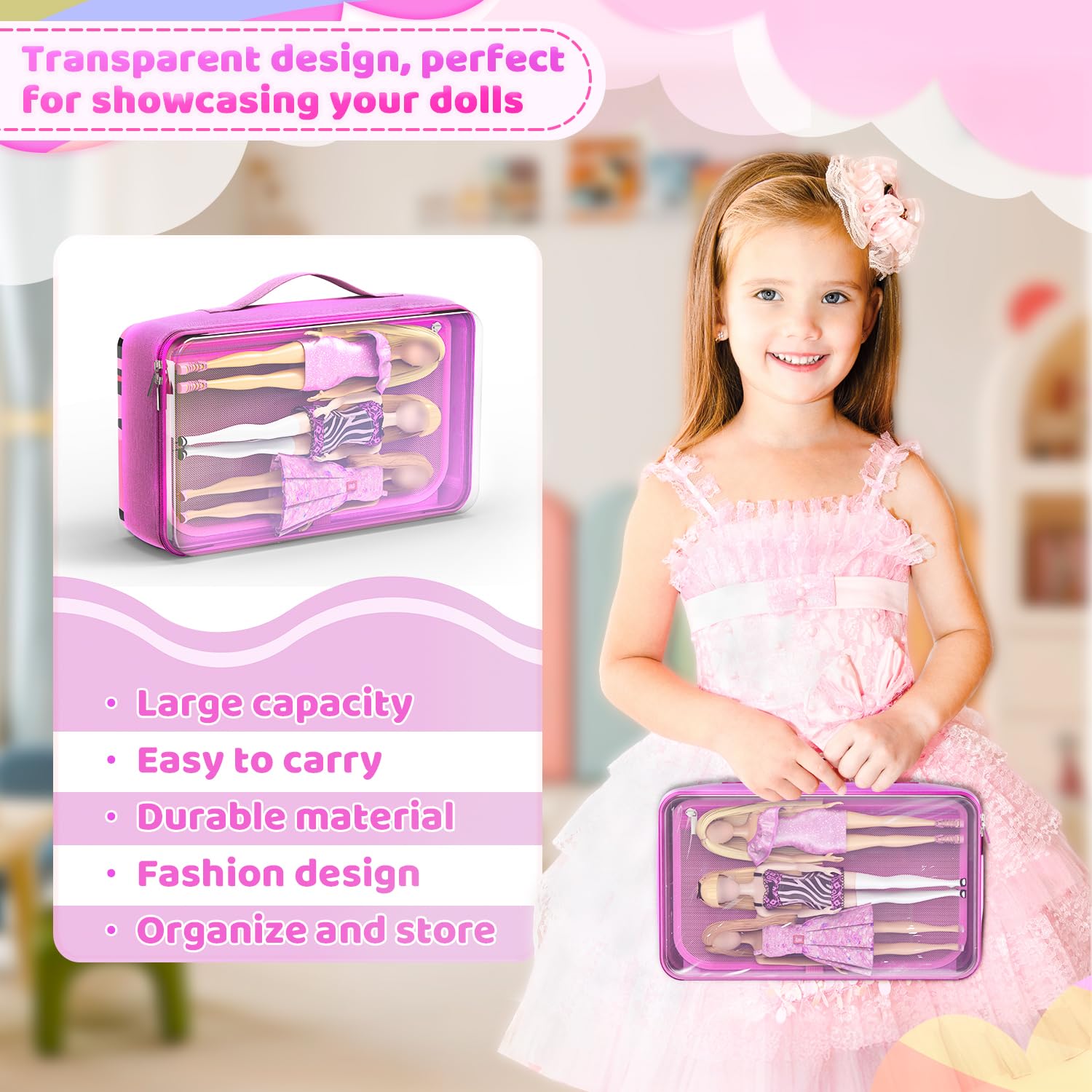LININYHAO carrying case shows spacious interior for six dolls and outfits.