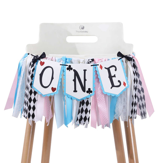 LINLULU Alice in Wonderland highchair banner blue 80 inch ideal for memorable first birthday photos