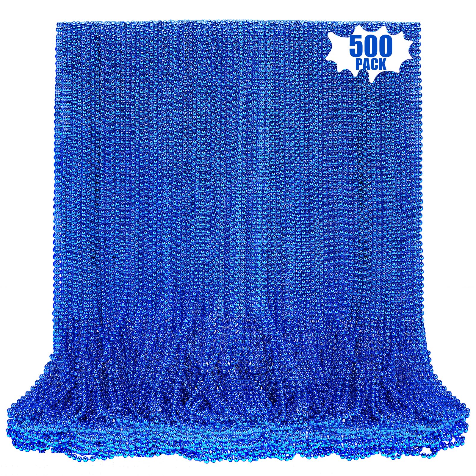 LINSIRON blue bead necklace close-up, 33-inch length, ideal for Mardi Gras parades.