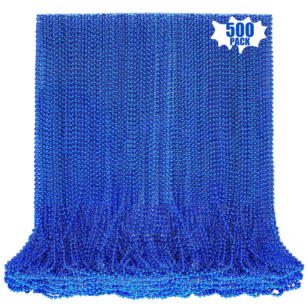 LINSIRON blue bead necklace close-up, 33-inch length, ideal for Mardi Gras parades.