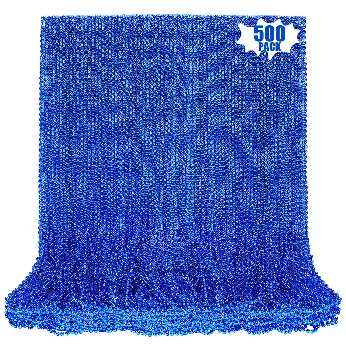 LINSIRON blue bead necklace close-up, 33-inch length, ideal for Mardi Gras parades.