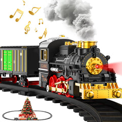 Lipneaed train set locomotive steam engine on track with smoky realism for festive play.