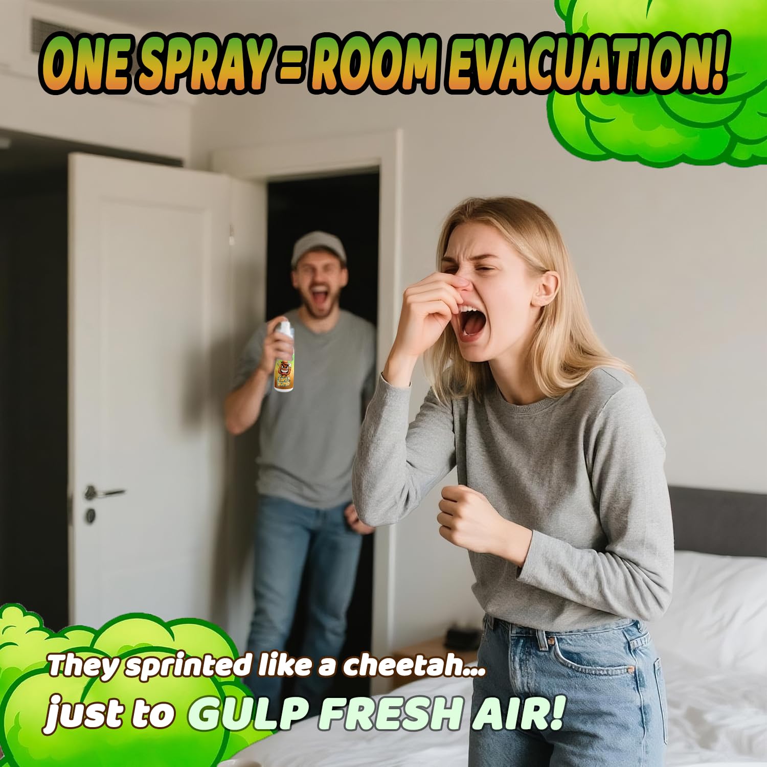 Liquid Assfart Spray pocket-size prank in hand for on-the-go use.