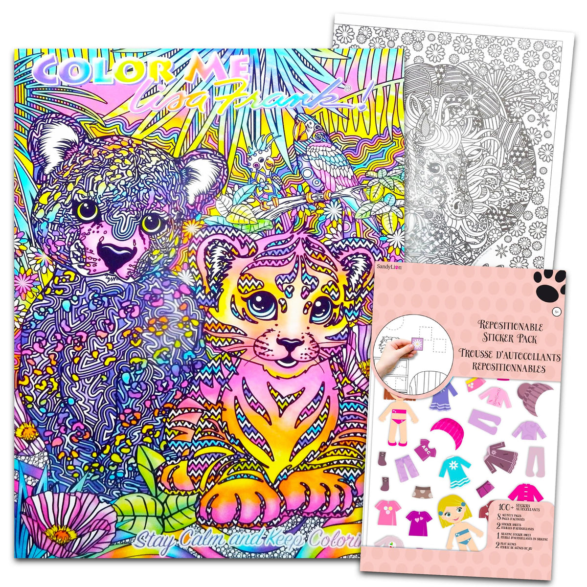 Lisa Frank coloring set cover featuring vibrant artwork for adult relaxation