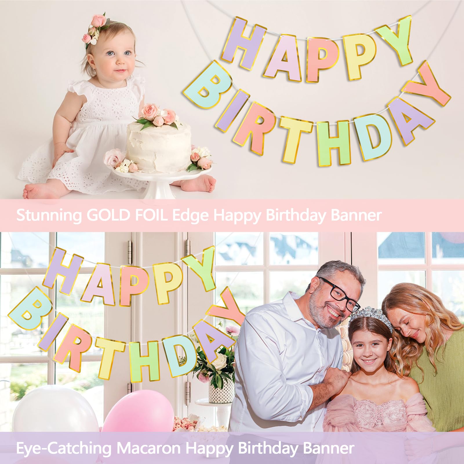 LITAUS Pastel birthday banner decor for soft, inviting ambiance