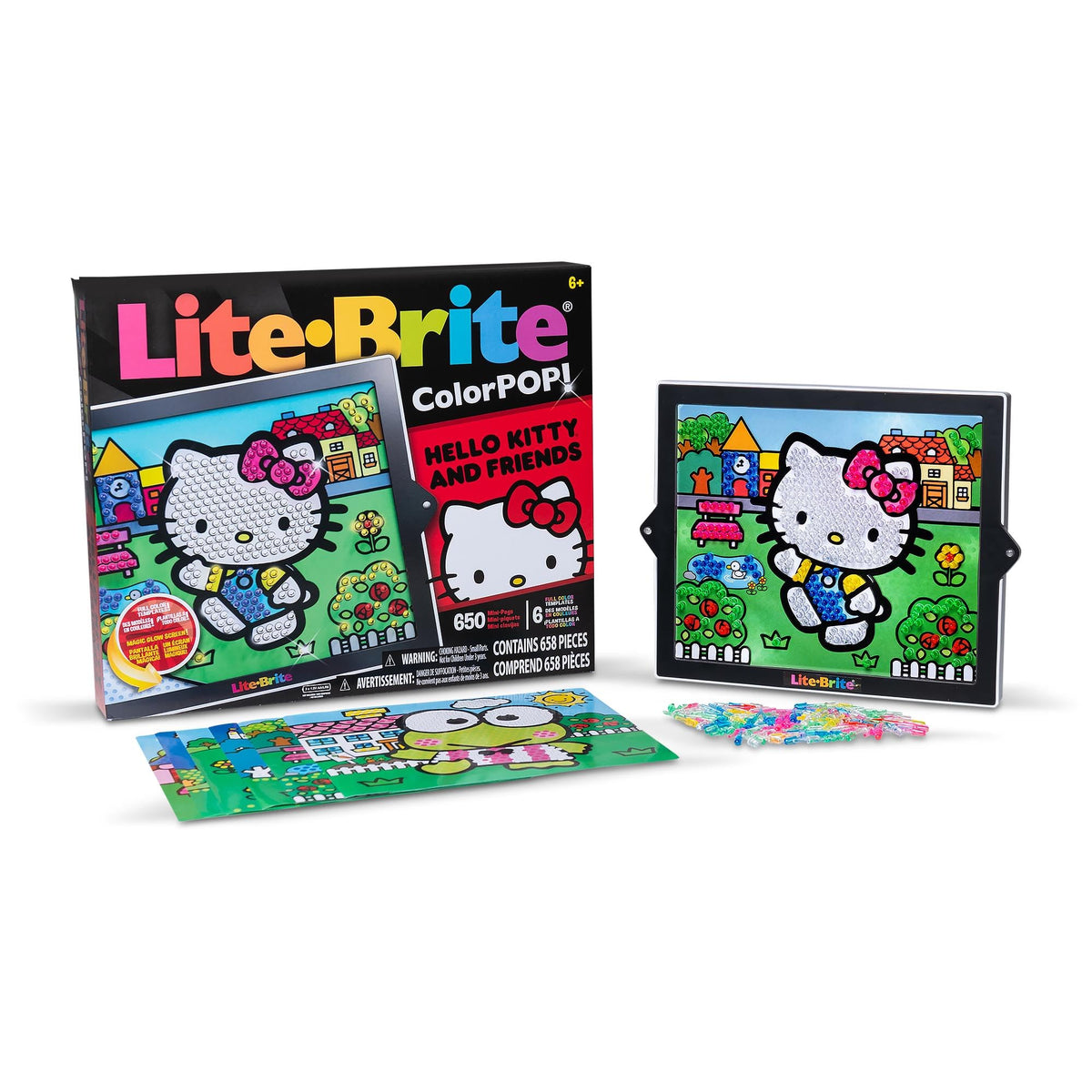 Lite-Brite ColorPOP Hello Kitty strolling by the pond—vivid display ready for shelf.