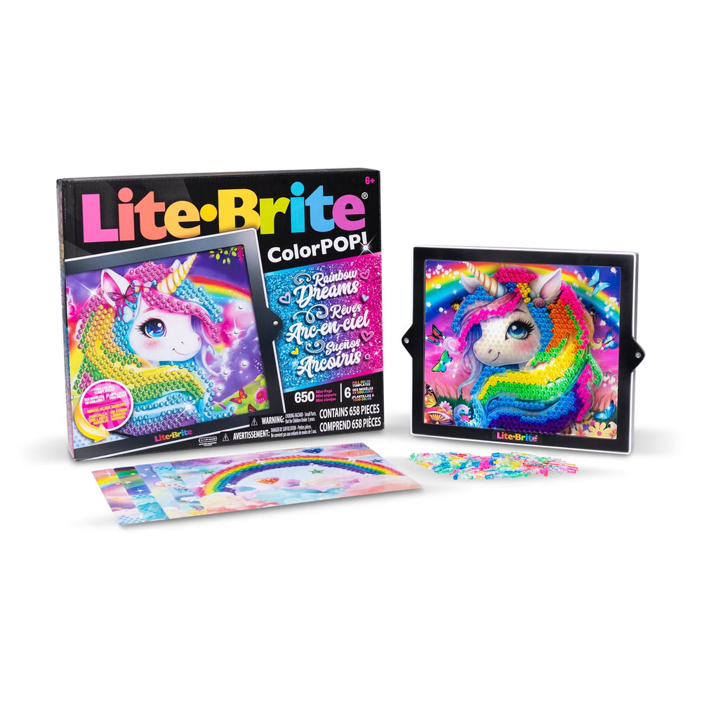 Lite-Brite ColorPOP Rainbow Dreams Magic Mane scene glows vividly for imaginative play