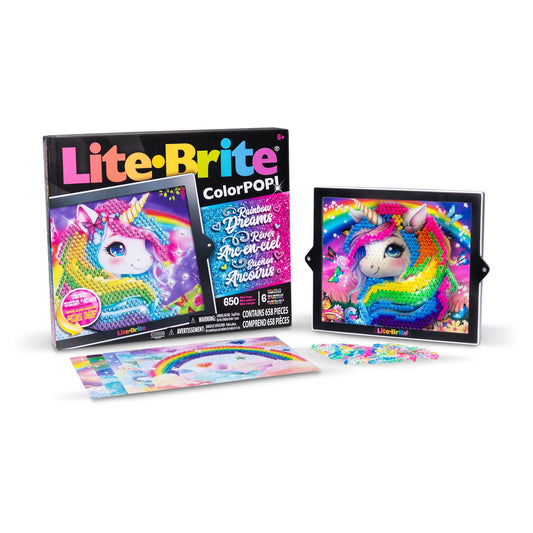 Lite-Brite ColorPOP Rainbow Dreams Magic Mane scene glows vividly for imaginative play