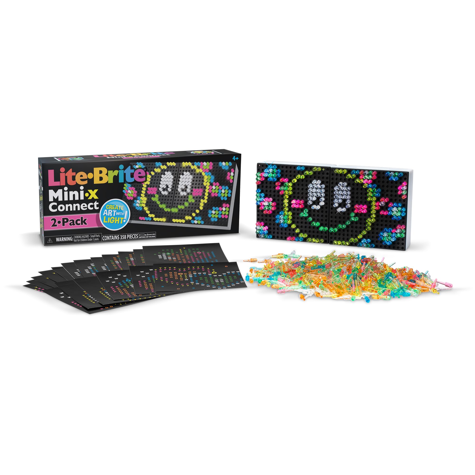 Lite-Brite Mini-X Connect on a 4x4 grid showing glowing art.