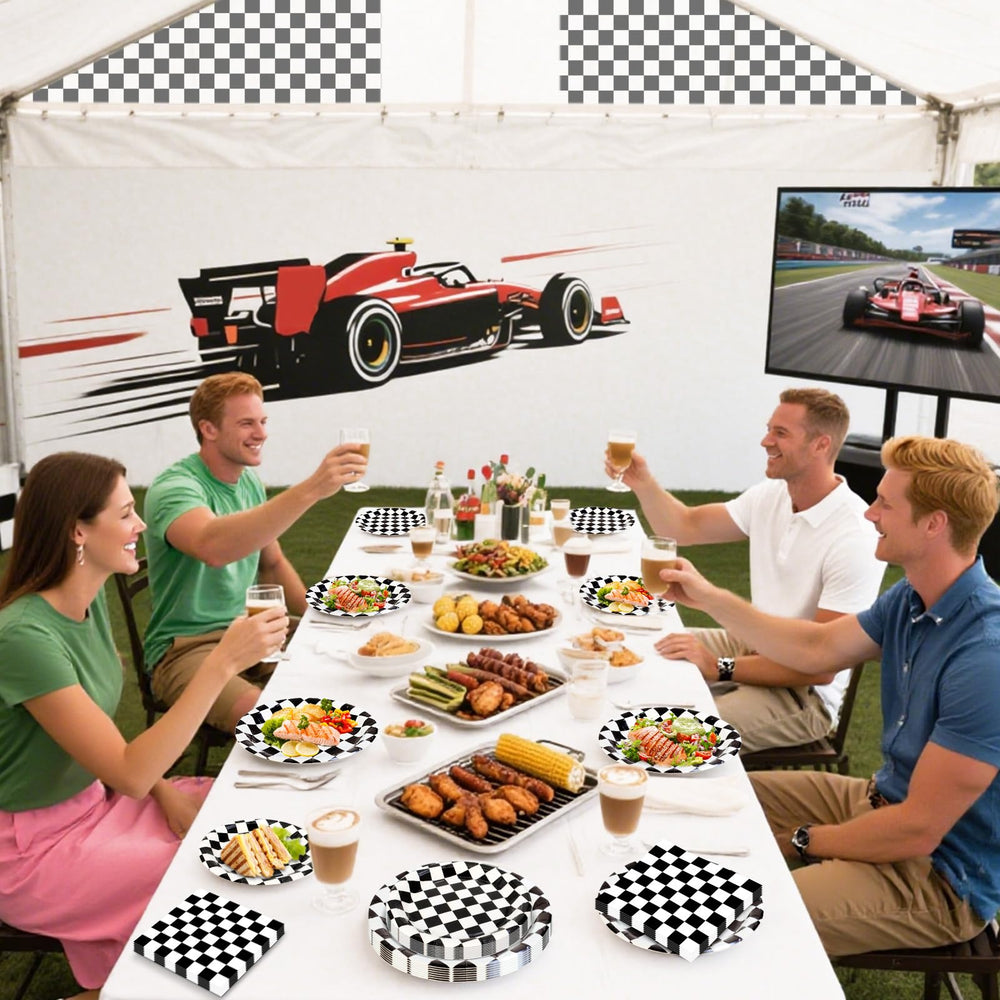 Litmitfu checkered-flag decor enhances race-themed birthday celebrations
