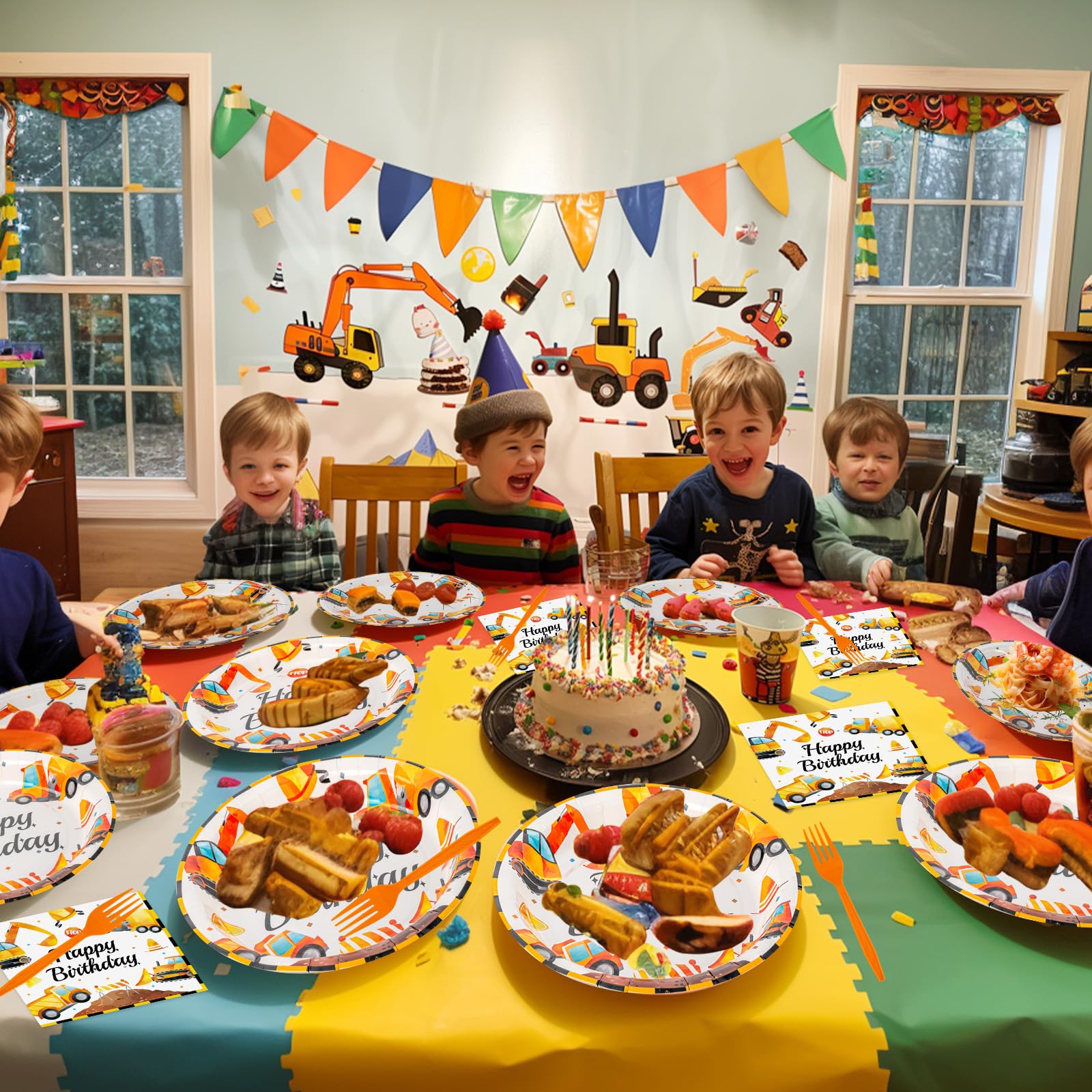 Litmitfu construction party scene showcases the themed tableware in action.