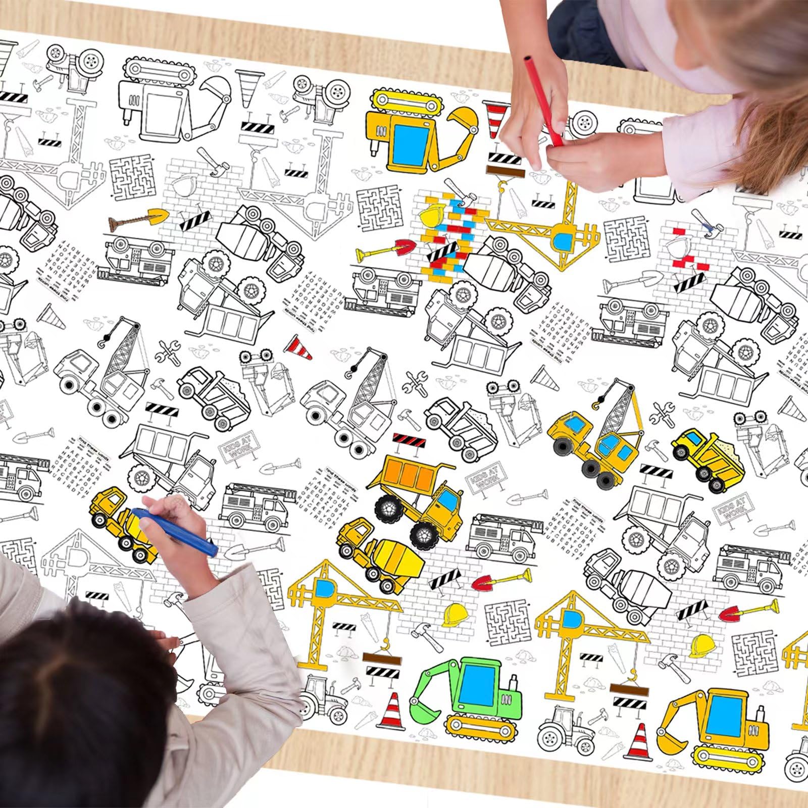 Litmitfu construction tablecloth front view for interactive coloring at parties.