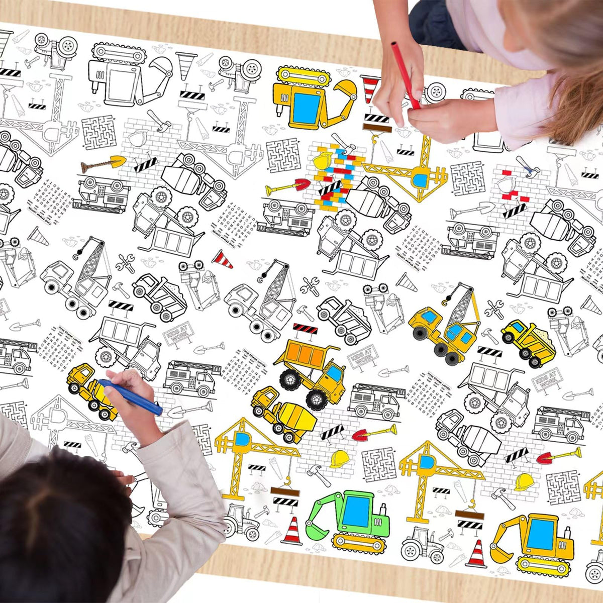 Litmitfu construction tablecloth front view for interactive coloring at parties.