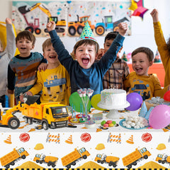 Litmitfu construction tablecloth yellow trucks pattern showcased in close-up for vibrant party decor.