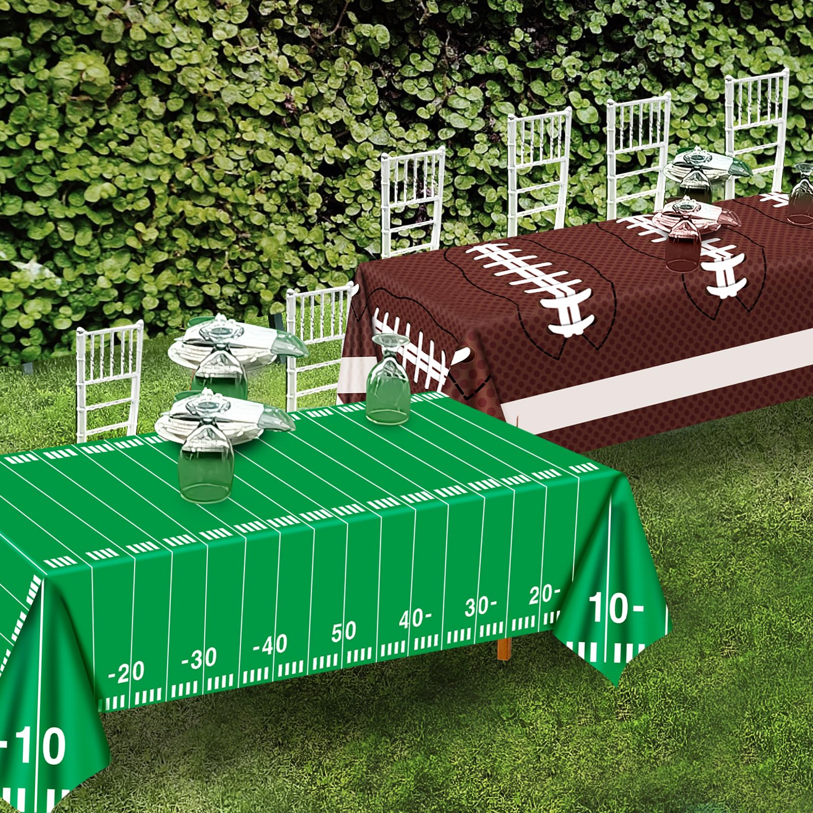 Litmitfu tablecloth with brown football pattern adds festive decor.