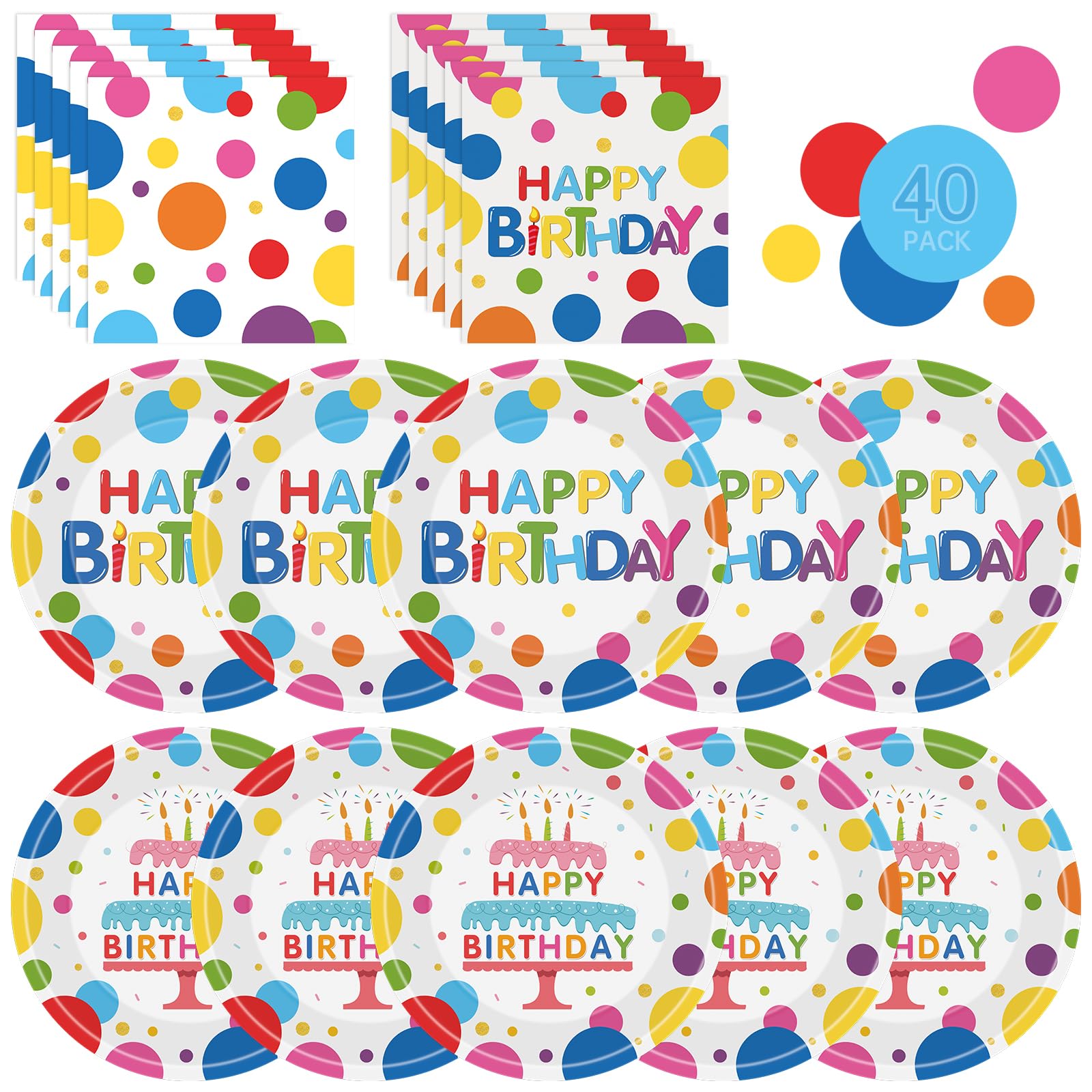 Litmitfu Happy Birthday dinner plates 9-inch with bold polka dots for festive dining