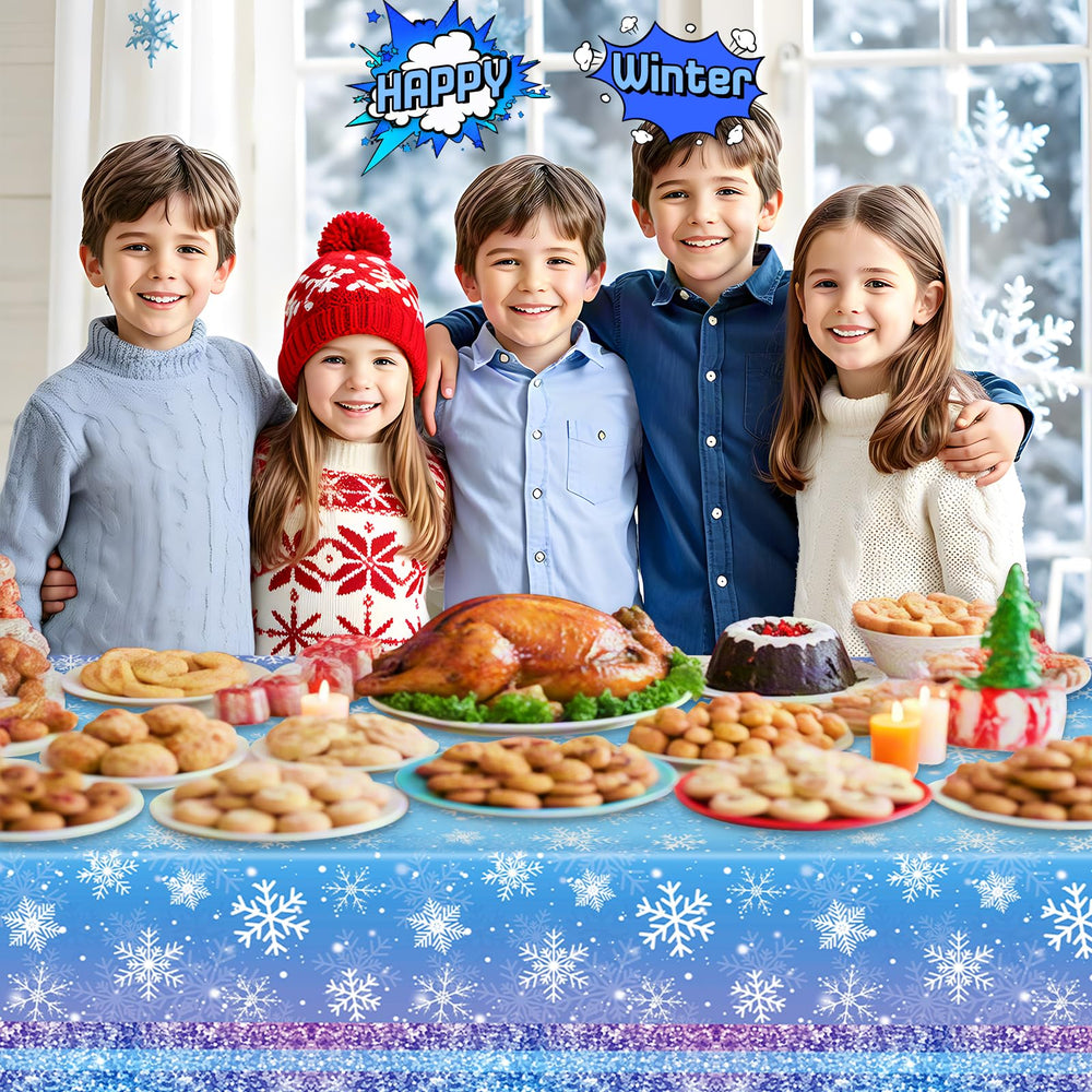Litmitfu winter snowflake tablecloth pack shot highlights two-piece disposable set.
