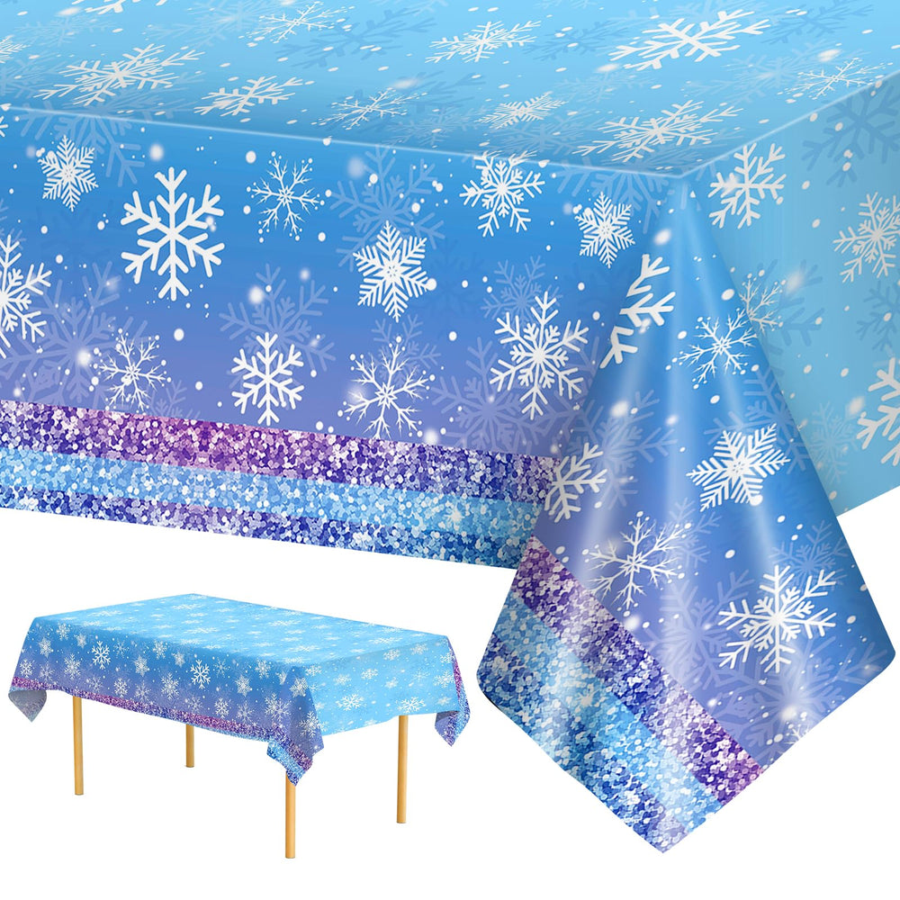 Litmitfu winter snowflake tablecloth unrolled in blue and purple, ready to decorate.