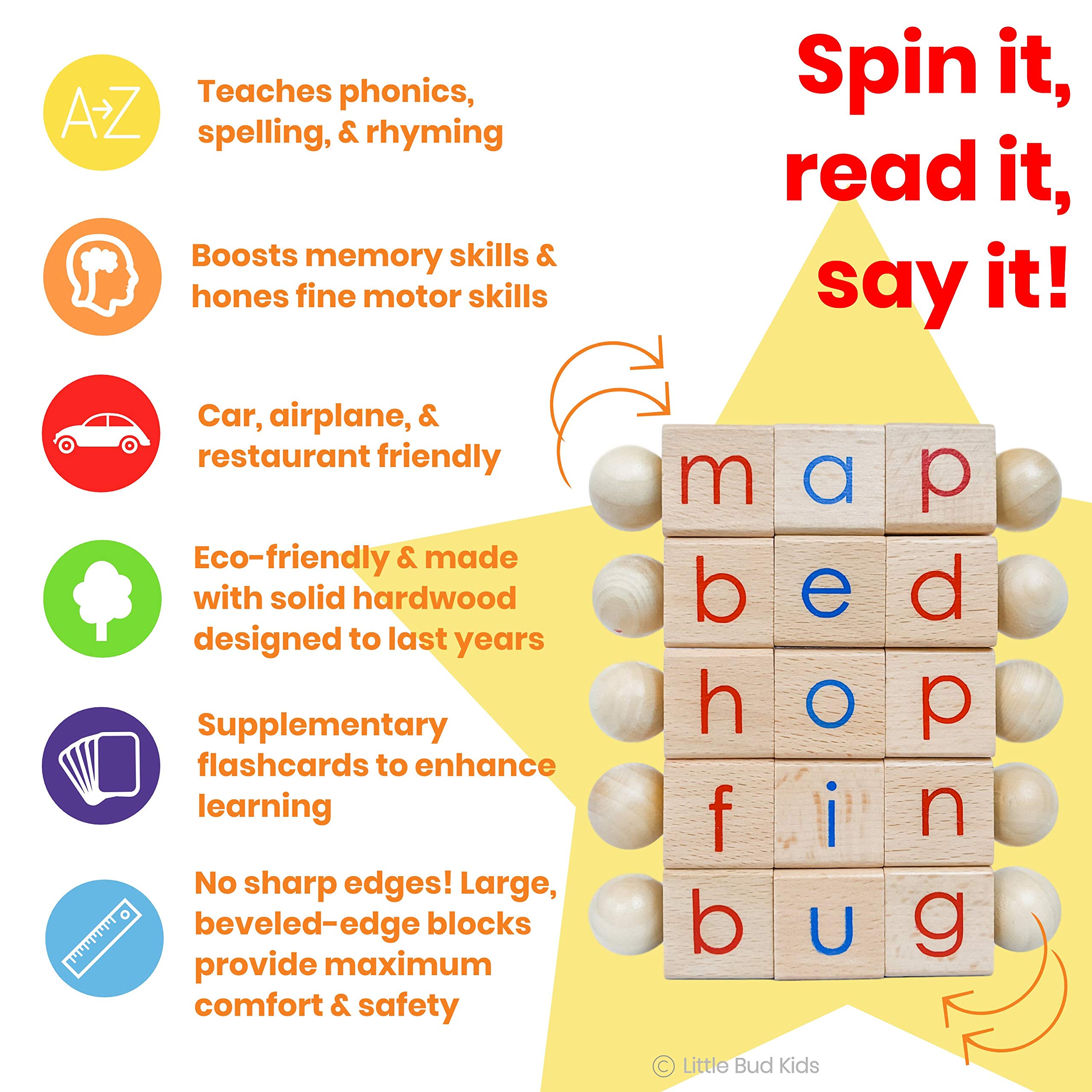 LITTLE BUD KIDS CVC flashcards for decoding practice and self-checking.