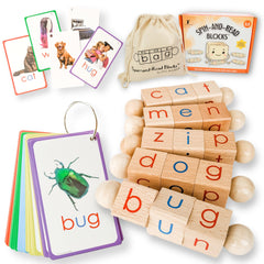 LITTLE BUD KIDS Spin-and-Read blocks with rotating rods for independent phonics practice.