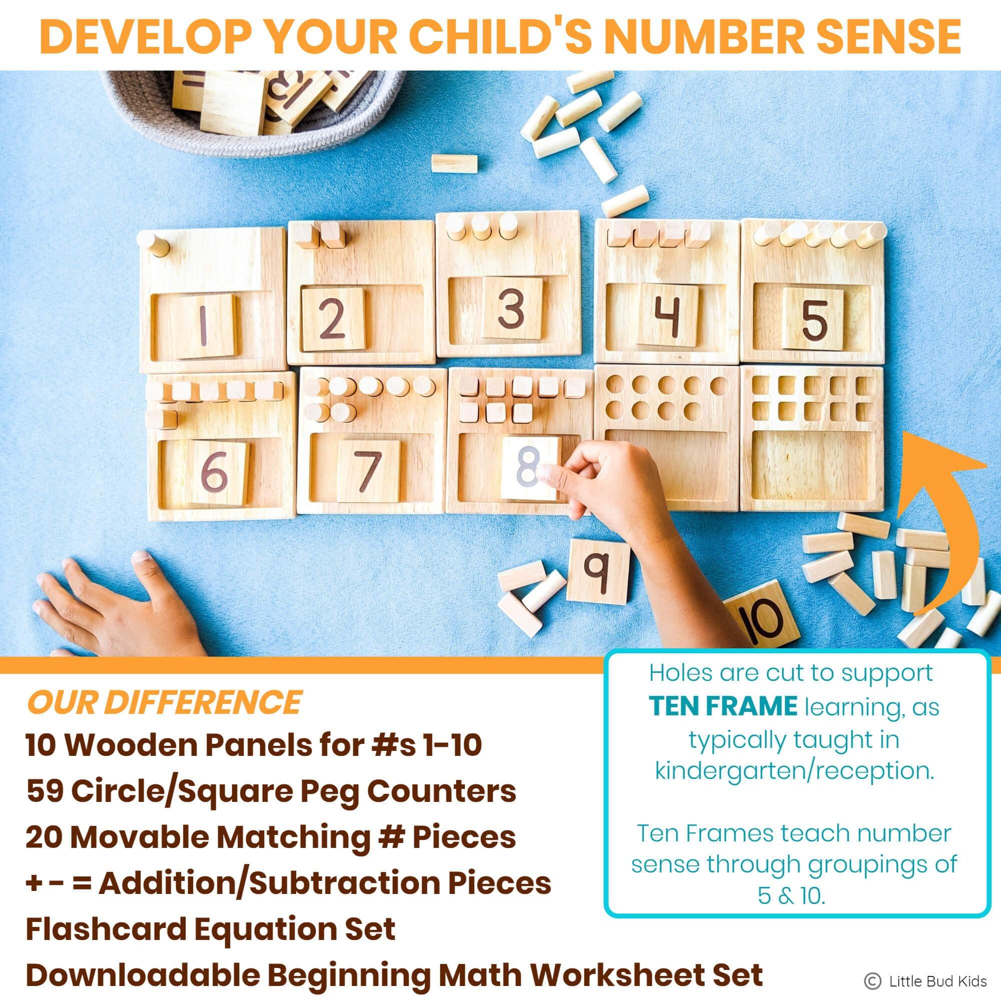 LITTLE BUD KIDS ten-frame visual tool facilitates quick number composition and decomposition.