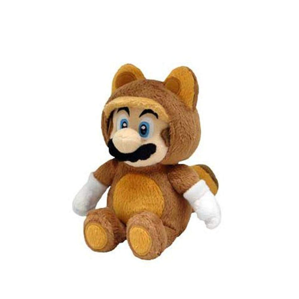 Little Buddy Tanooki Mario plush, front view, soft and collectible display piece.