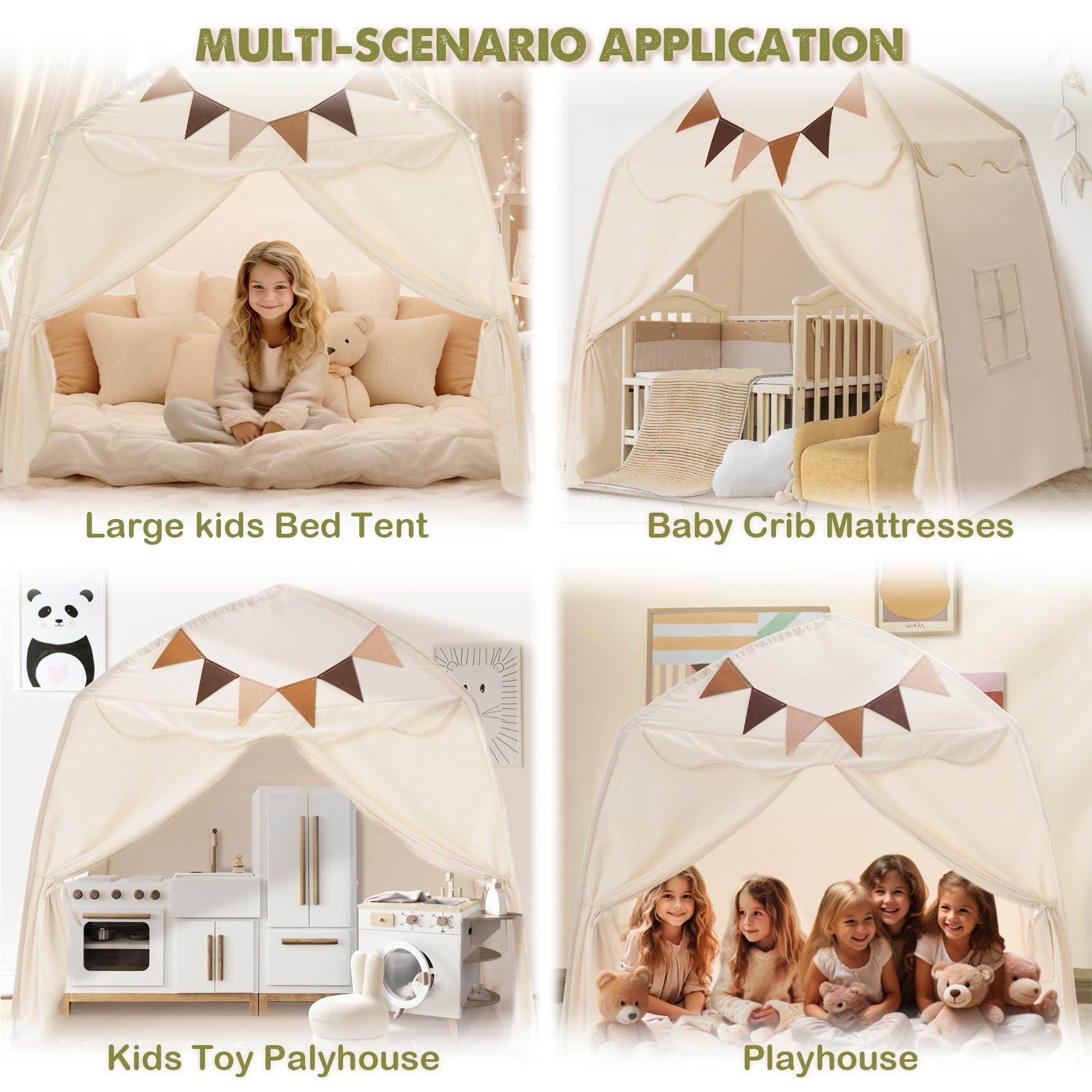 Little Dove cream play tent with flags and star lights for festive visuals.
