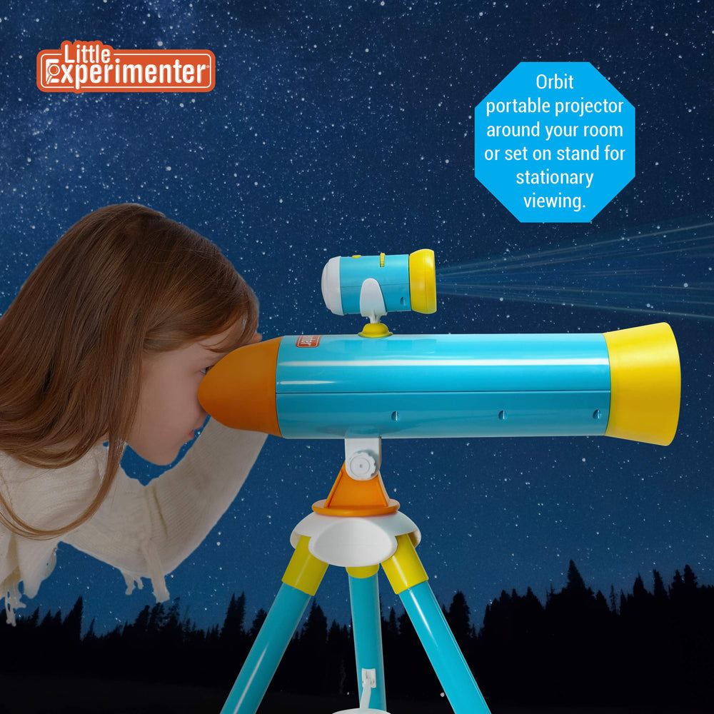 Little Experimenter projector telescope offers 2x magnification for clear, engaging stargazing.