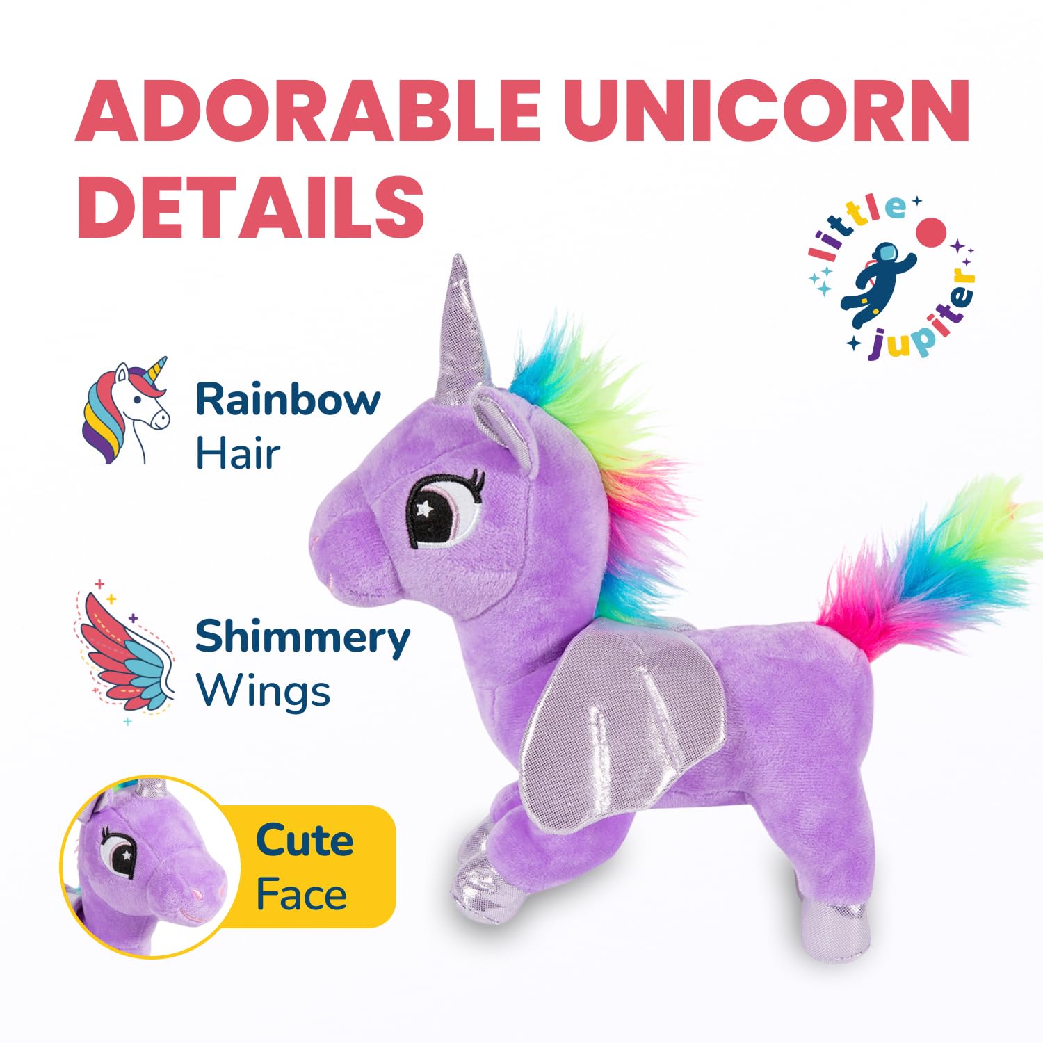 Little Jupiter 12-inch plush unicorn provides ample cuddle space.
