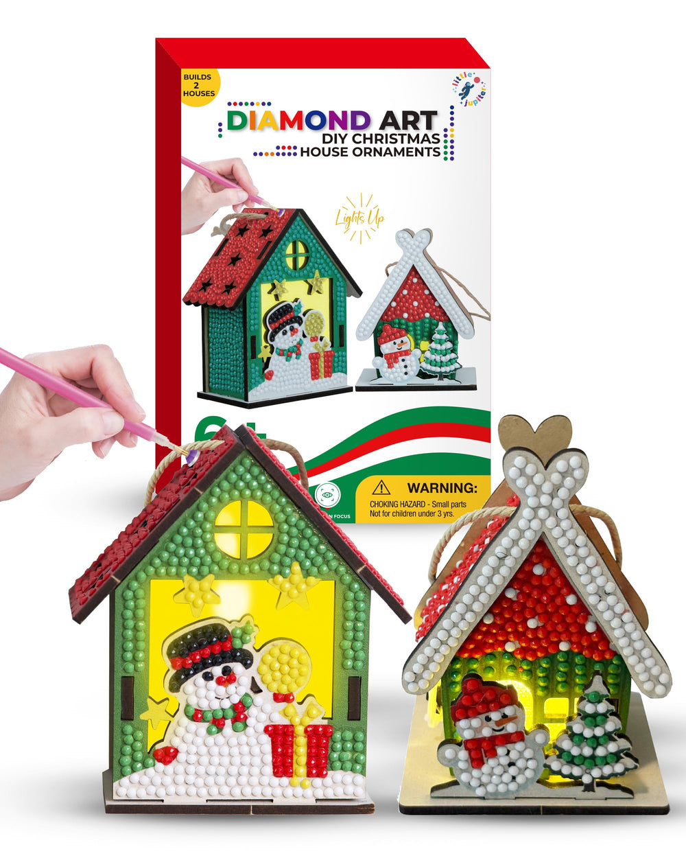 Little Jupiter DIY Diamond Art Christmas House Ornament steps for family crafting.