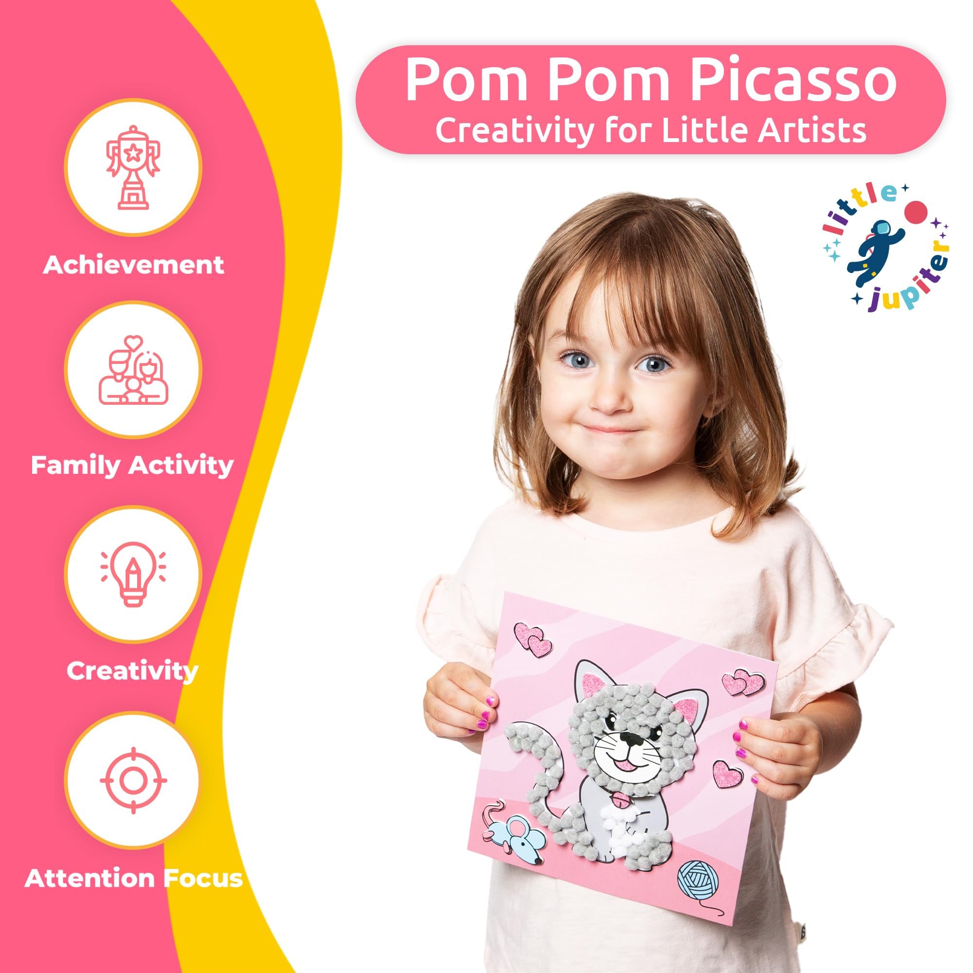Little Jupiter DIY Pom Pom Art design cards showcase playful projects for early learners.