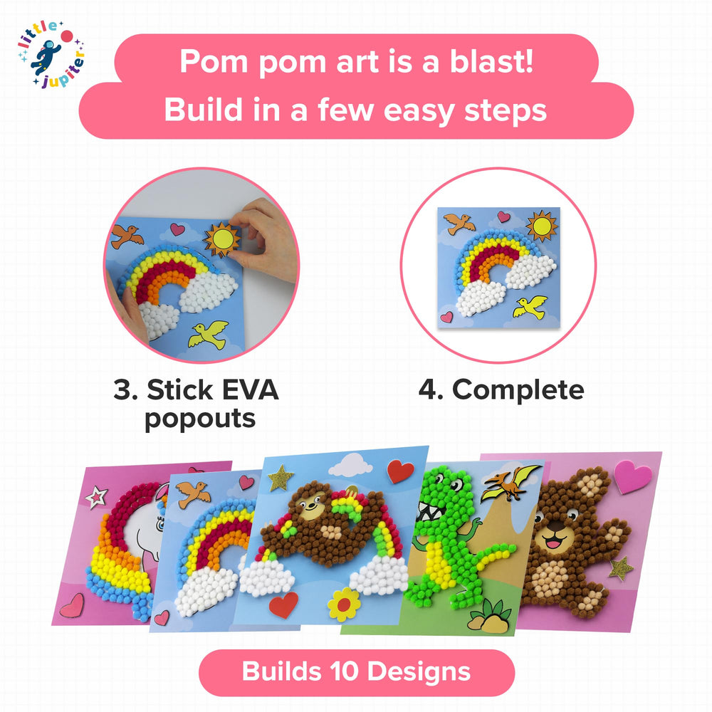 Little Jupiter DIY Pom Pom Art kids crafting session promotes collaboration and fine motor skills.
