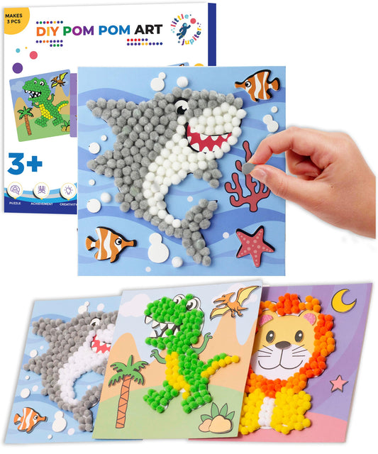 Little Jupiter DIY Pom Pom Art lion design boosts fine motor skills with colorful stickers.