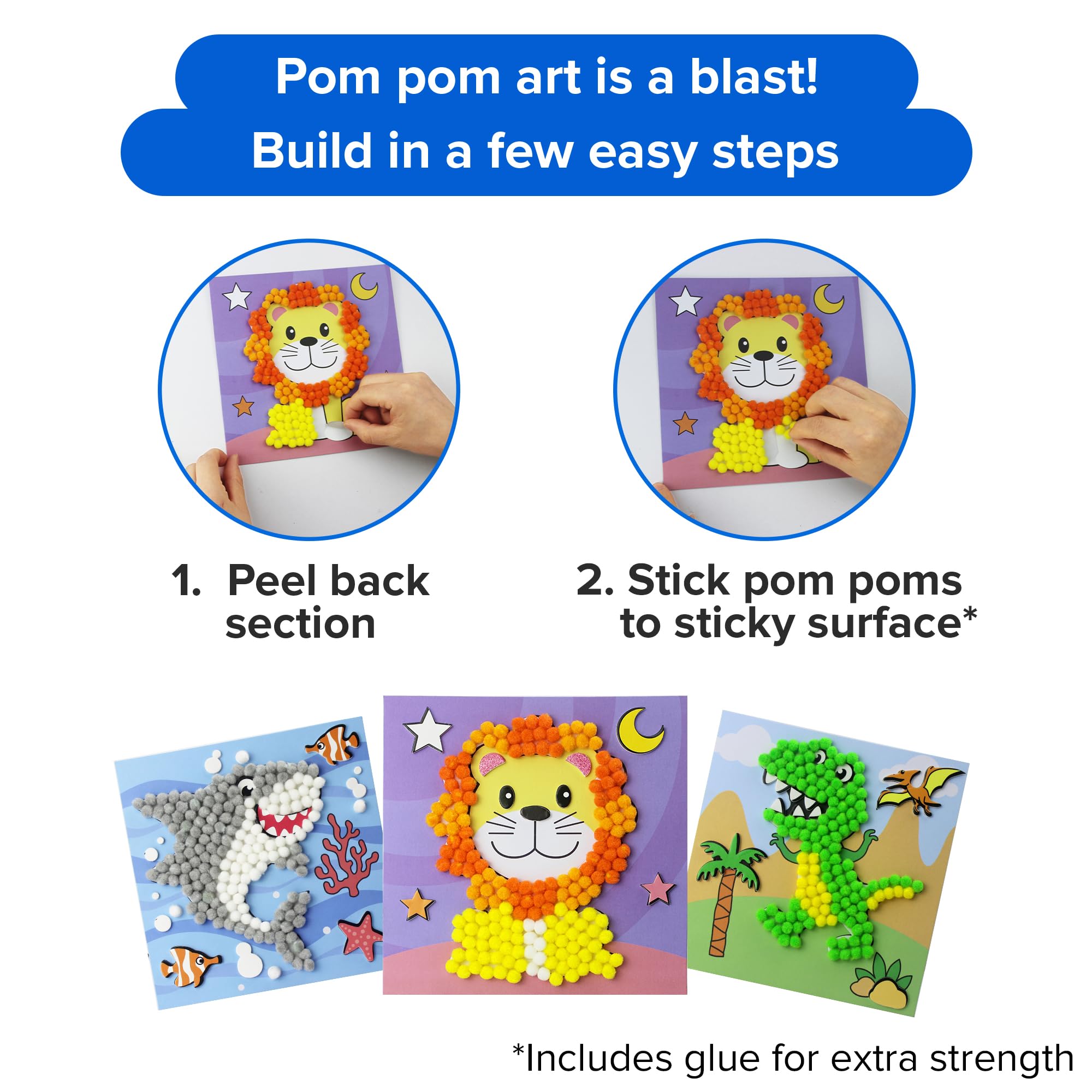 Little Jupiter DIY Pom Pom Art sticker card setup facilitates easy, mess-free crafting.