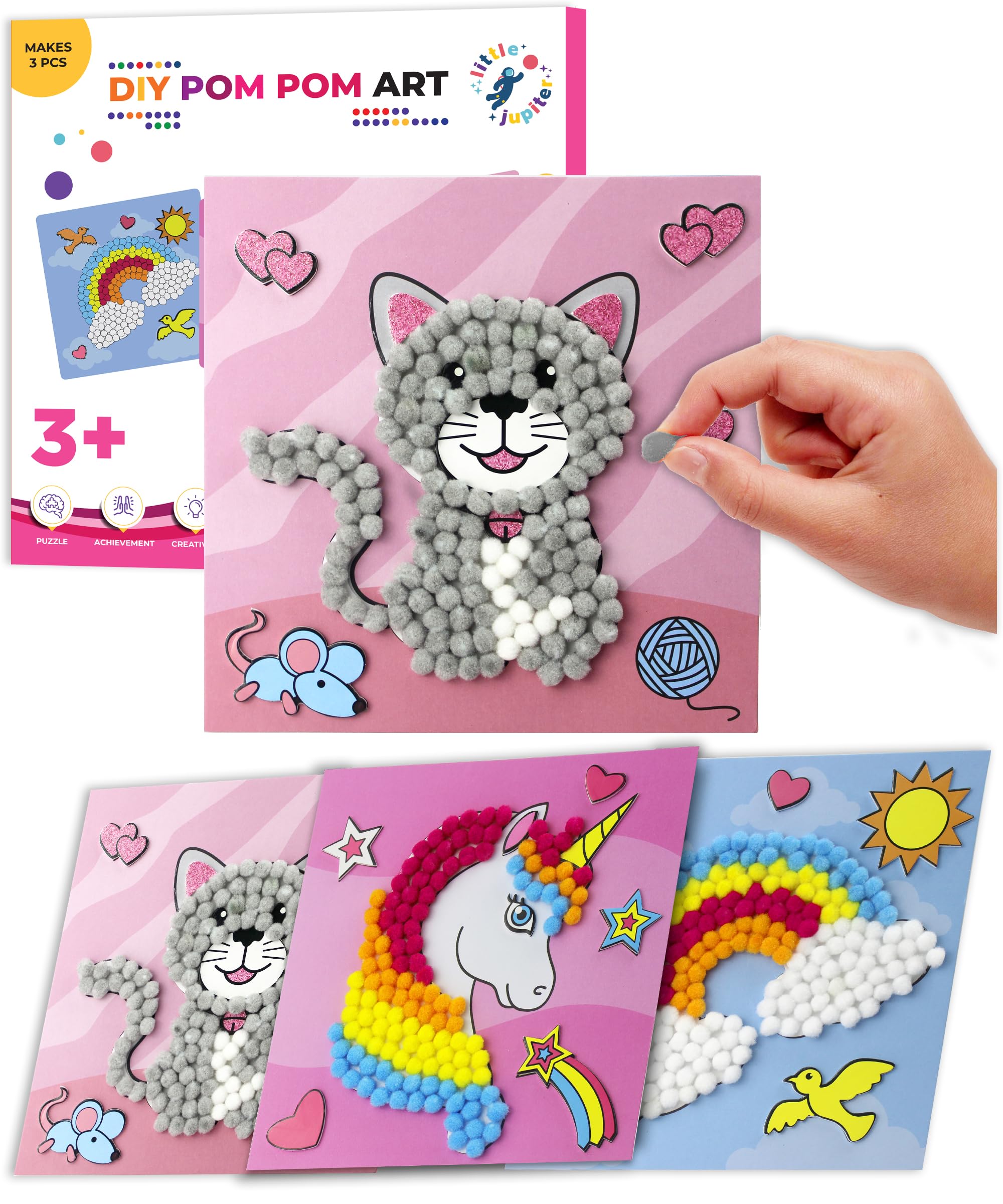 Little Jupiter unicorn pom pom art design with bright colors for imaginative play.