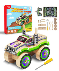 Little Jupiter Monster Truck 2 kit with wood parts and screws for hands-on build.