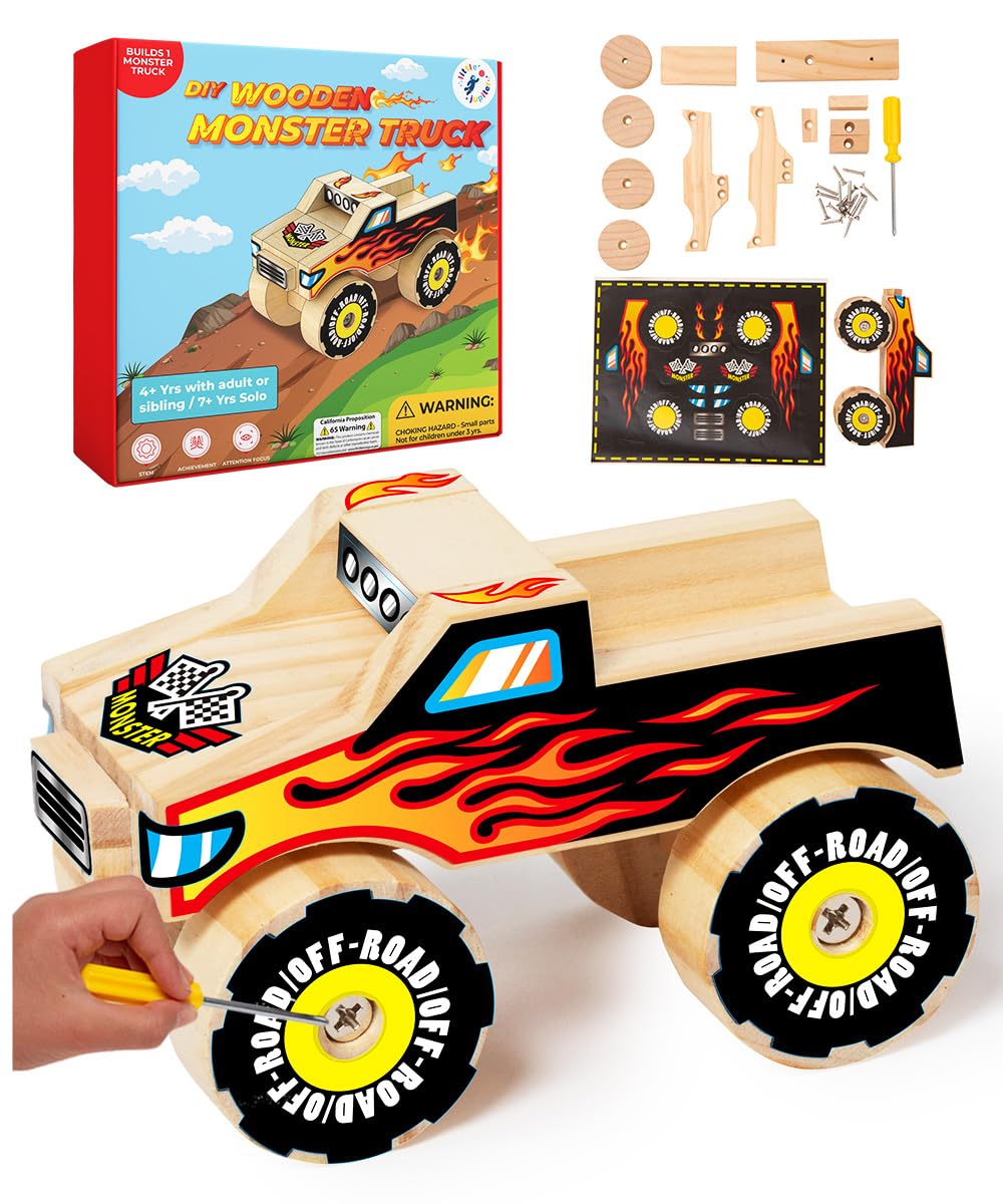 Little Jupiter Monster Truck wood kit with stickers boosts creativity and problem-solving.