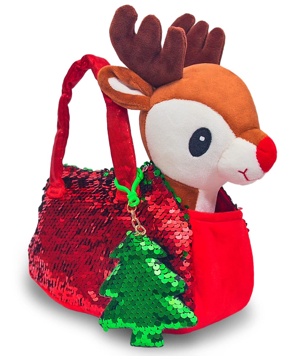 Little Jupiter reindeer plush with purse and sequins ready for imaginative play and gifting.