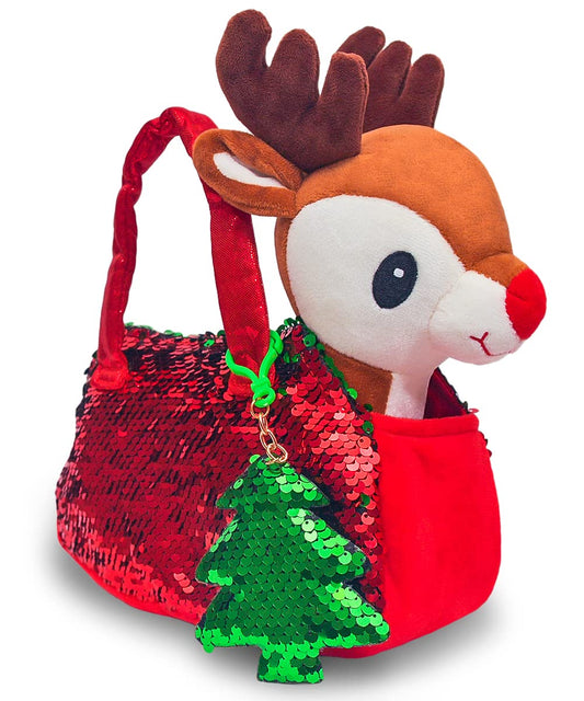 Little Jupiter reindeer plush with purse and sequins ready for imaginative play and gifting.