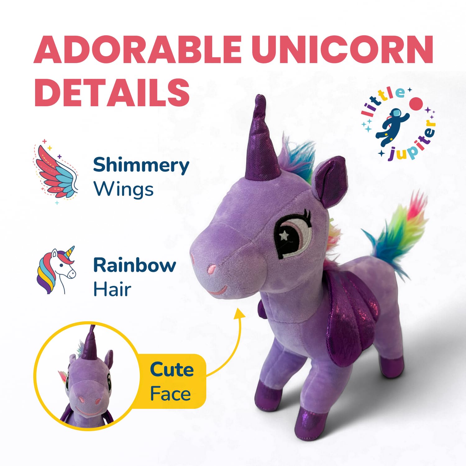 Close-up of soft polyester material on the Little Jupiter unicorn plush.