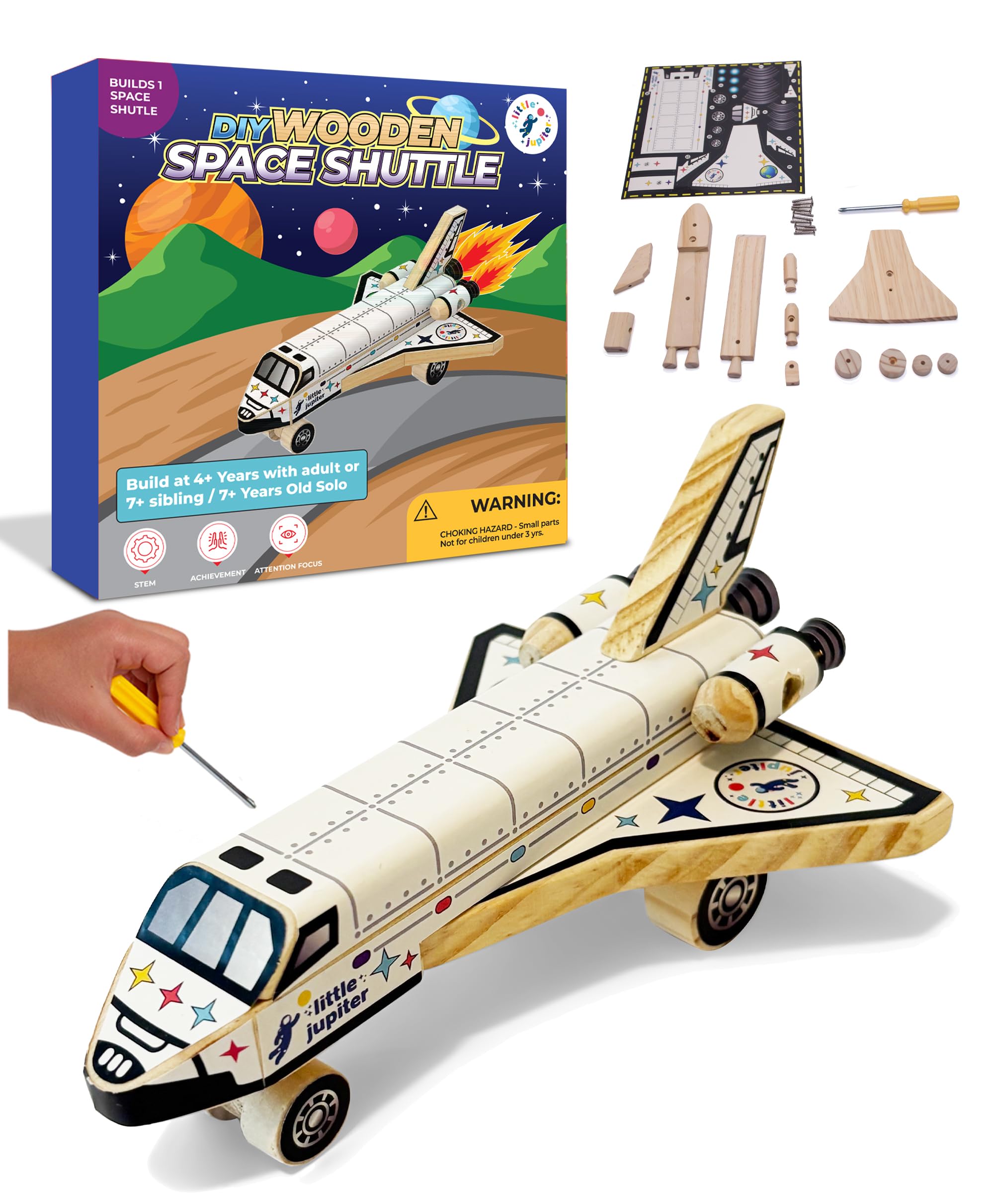 Little Jupiter space shuttle kit wood parts ready for assembly and play