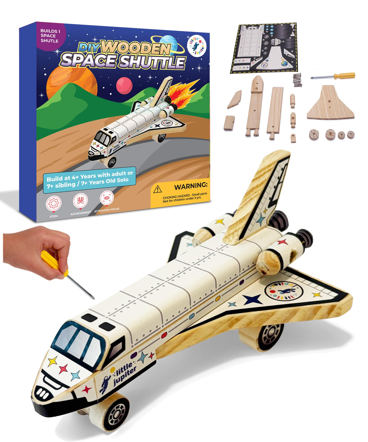 Little Jupiter space shuttle kit wood parts ready for assembly and play